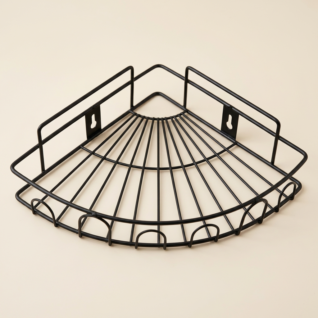 Detailed view of black corner shelf wire base and curved front railing