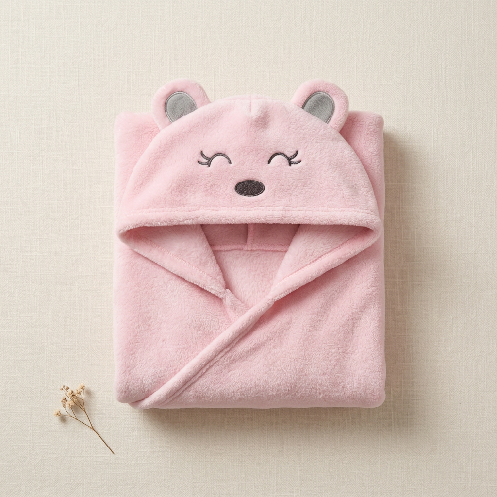 Pink hooded baby bath towel folded on cream linen with its animal-face hood visible.