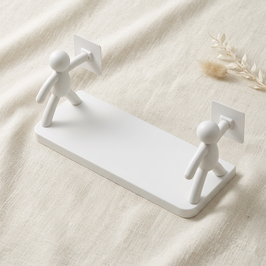 White wall shelf with figure-shaped supports styled on cream linen
