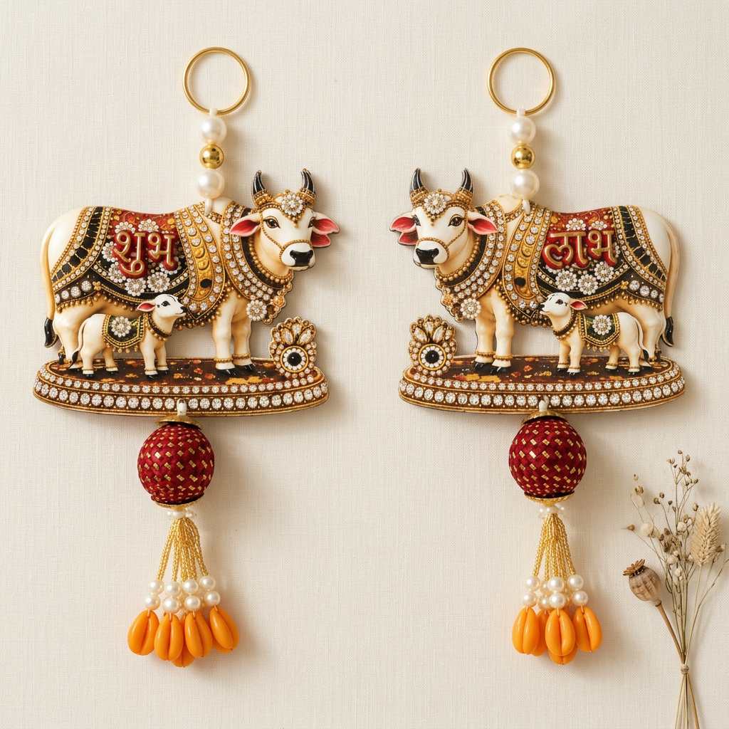 Two ornate cow and calf decorative hangings arranged on cream linen with their rings and tassels visible.