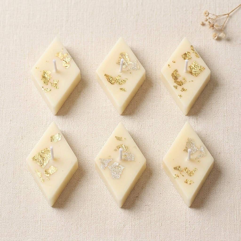 Flat lay of six unlit Kaju Katli shaped decorative candles in two rows of three on cream linen