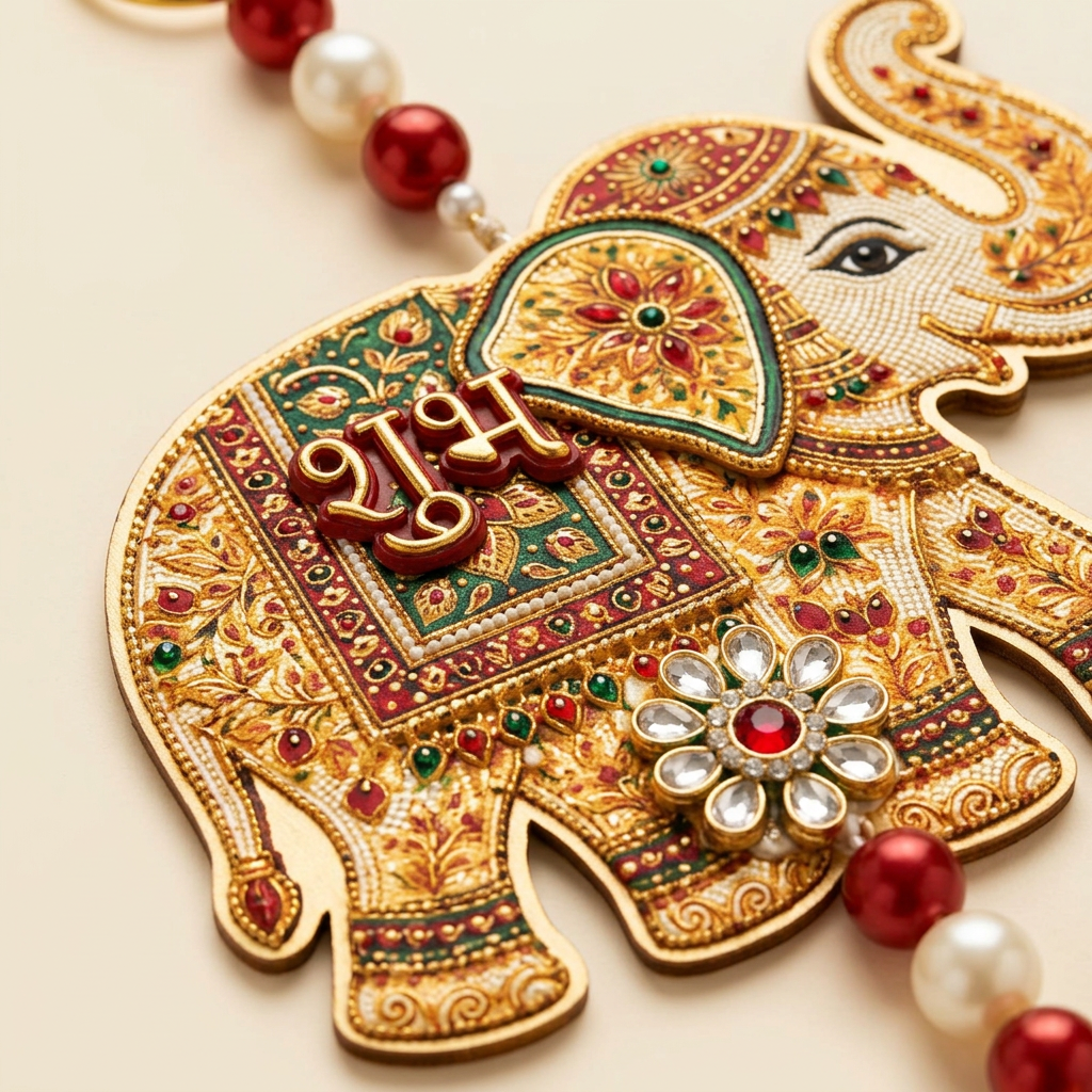 Close-up of elephant Shubh ornament showing gold-tone detailing, red and green accents and floral embellishment