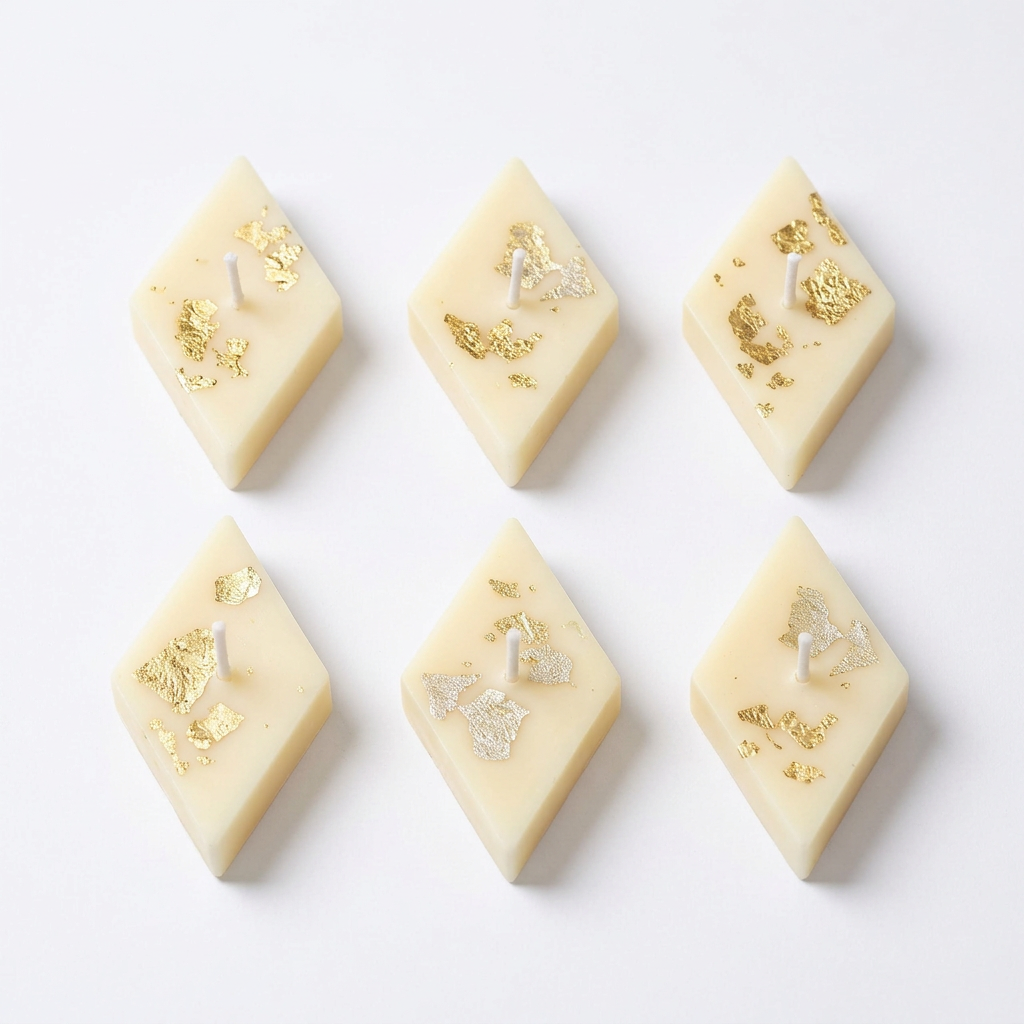 Six ivory Kaju Katli shaped decorative candles with metallic detailing on a white background