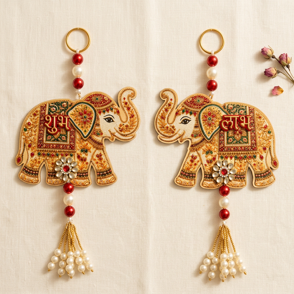 Elephant Shubh Labh wall hanging set arranged on cream linen beside dried flowers