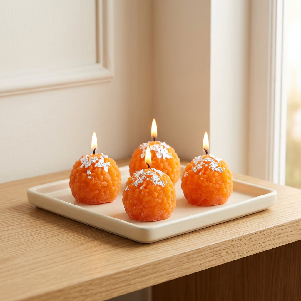 Four lit orange laddu design candles displayed on a cream ceramic tray