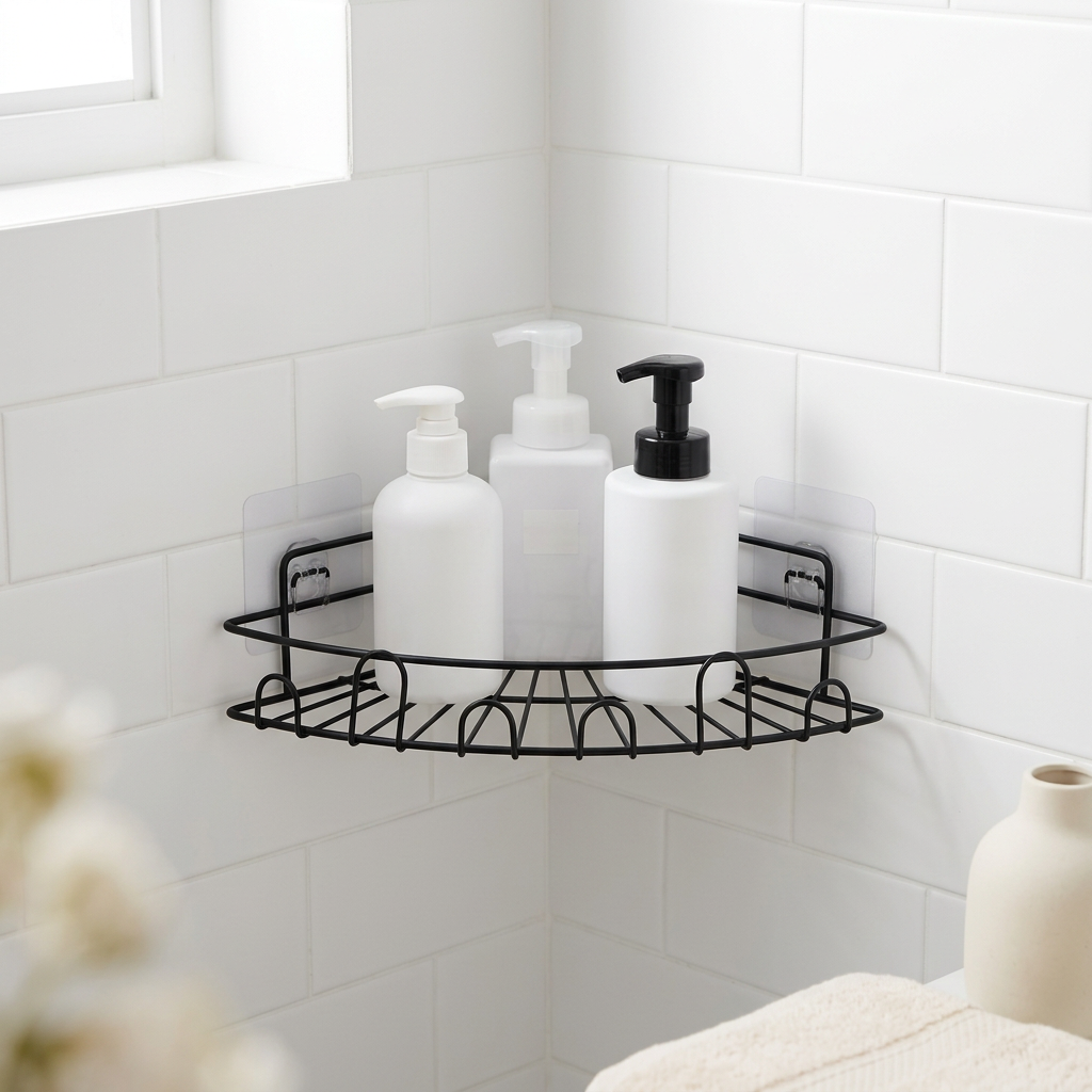 Black corner wire shelf holding toiletry bottles in a white tiled bathroom