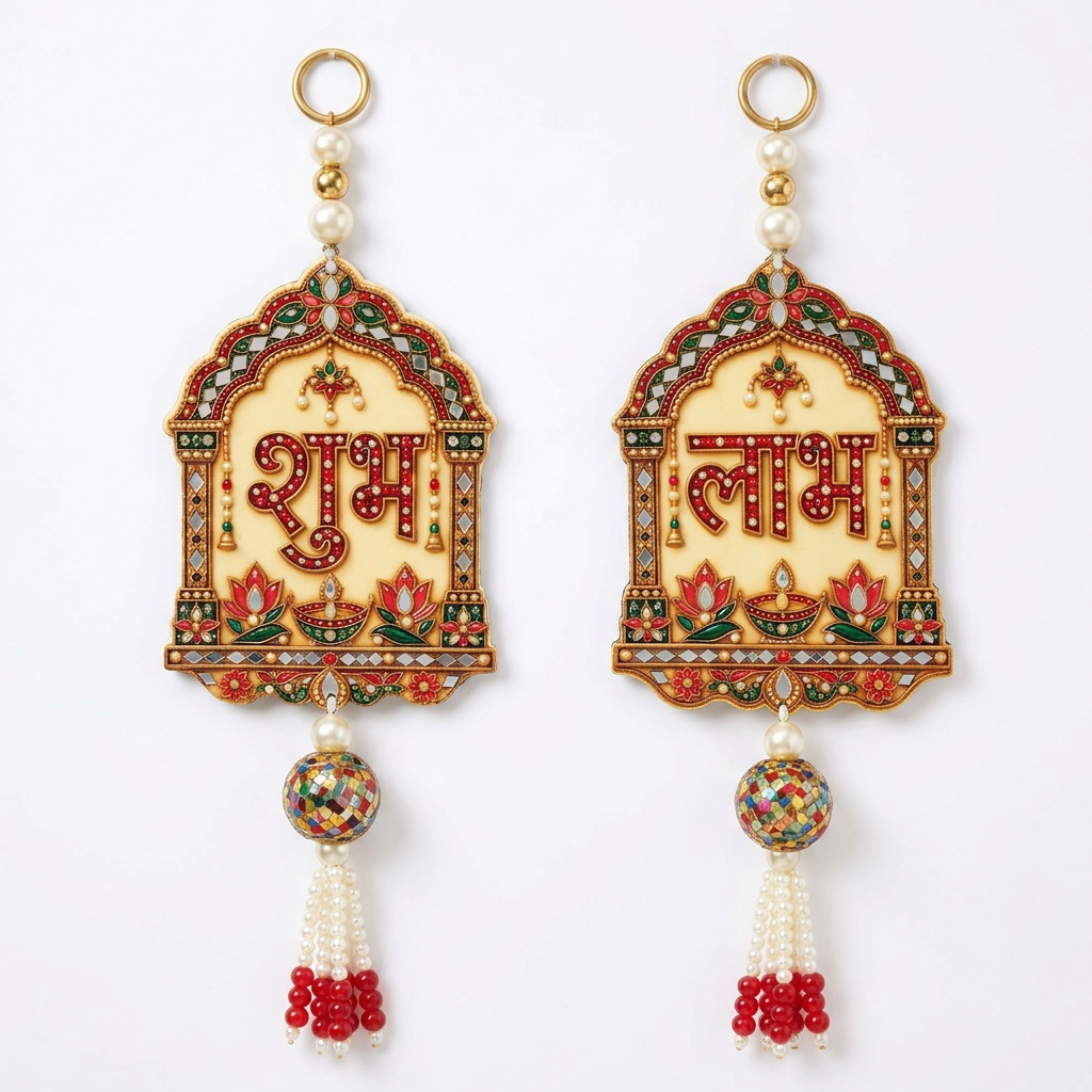 Shubh Labh arched wall hanging pair with red lettering, mosaic beads and pearl tassels on white