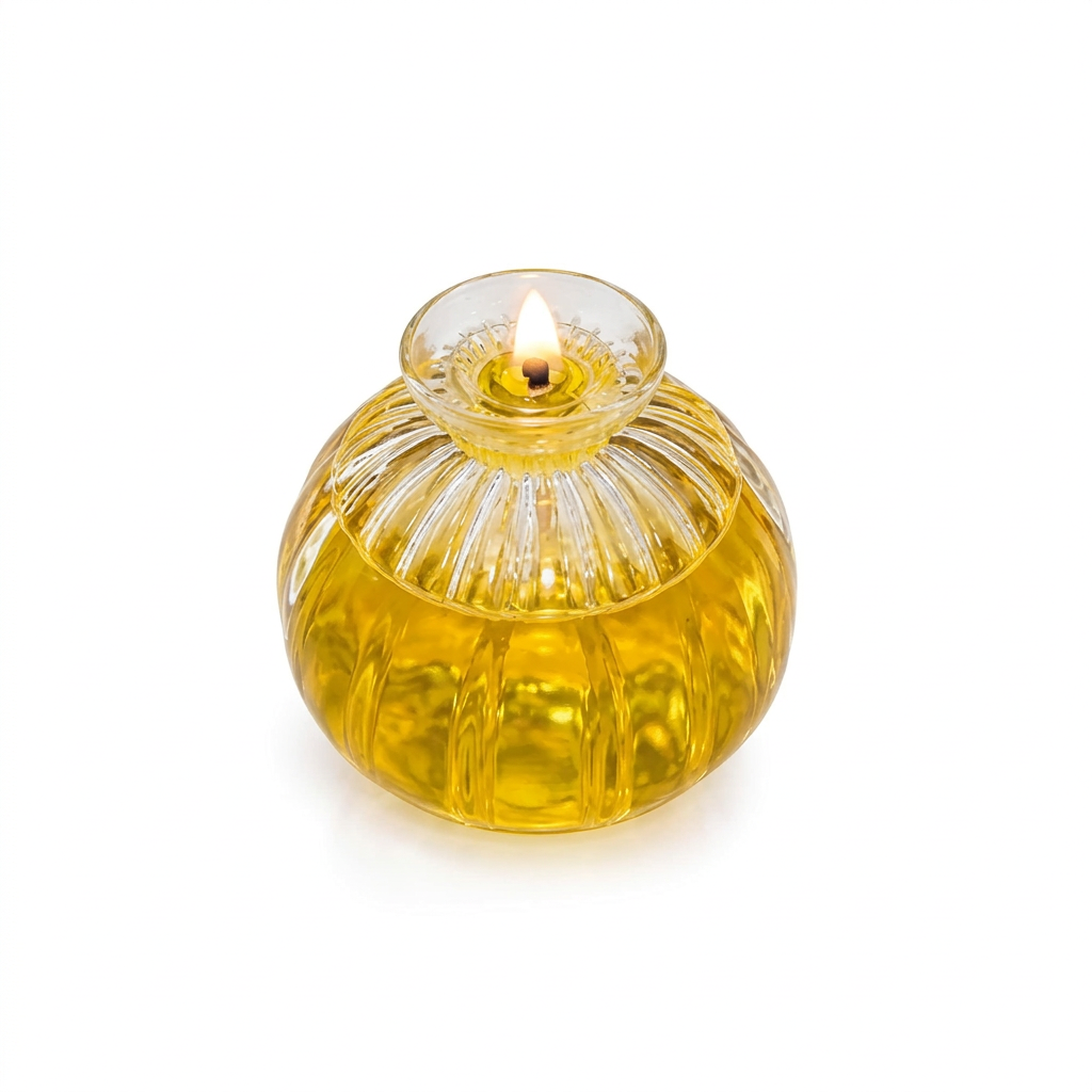 Clear round ribbed diya lamp with golden liquid and a lit wick on a white background
