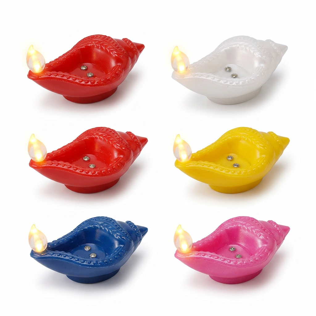 Pack of six colourful shankh-shaped water-sensor LED diyas on a white background.