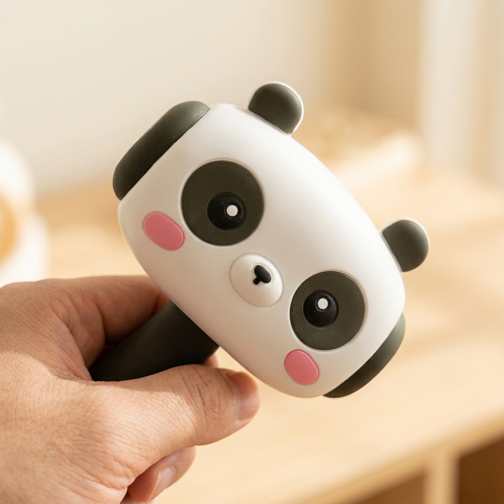 Adult hand holding a panda-face toy hammer in a softly lit neutral room.