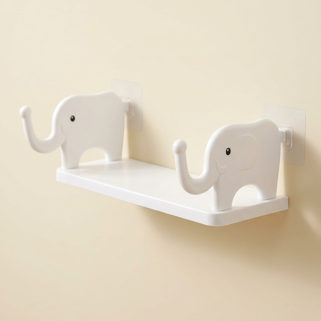 Detailed view of white elephant wall shelf showing raised trunk and platform edge