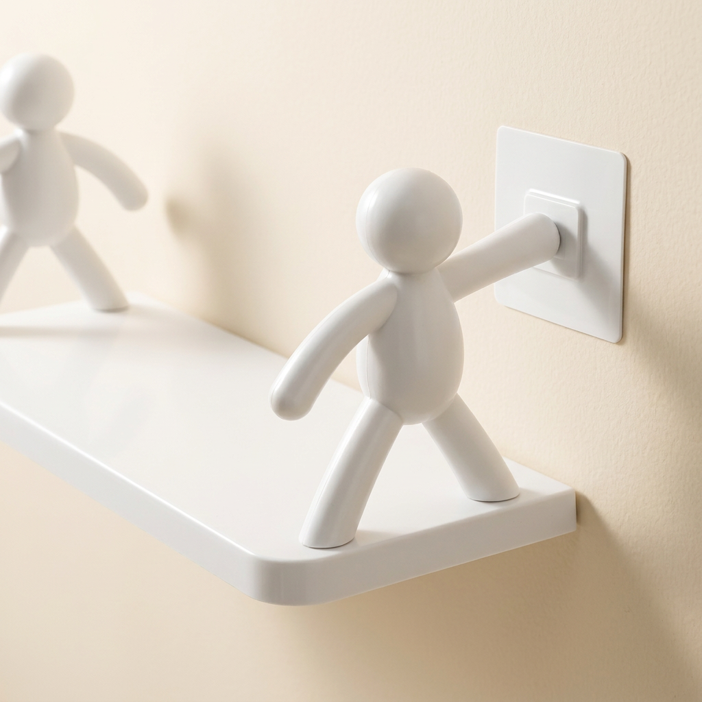 Detailed view of white shelf platform, rounded edge and figure-shaped wall support