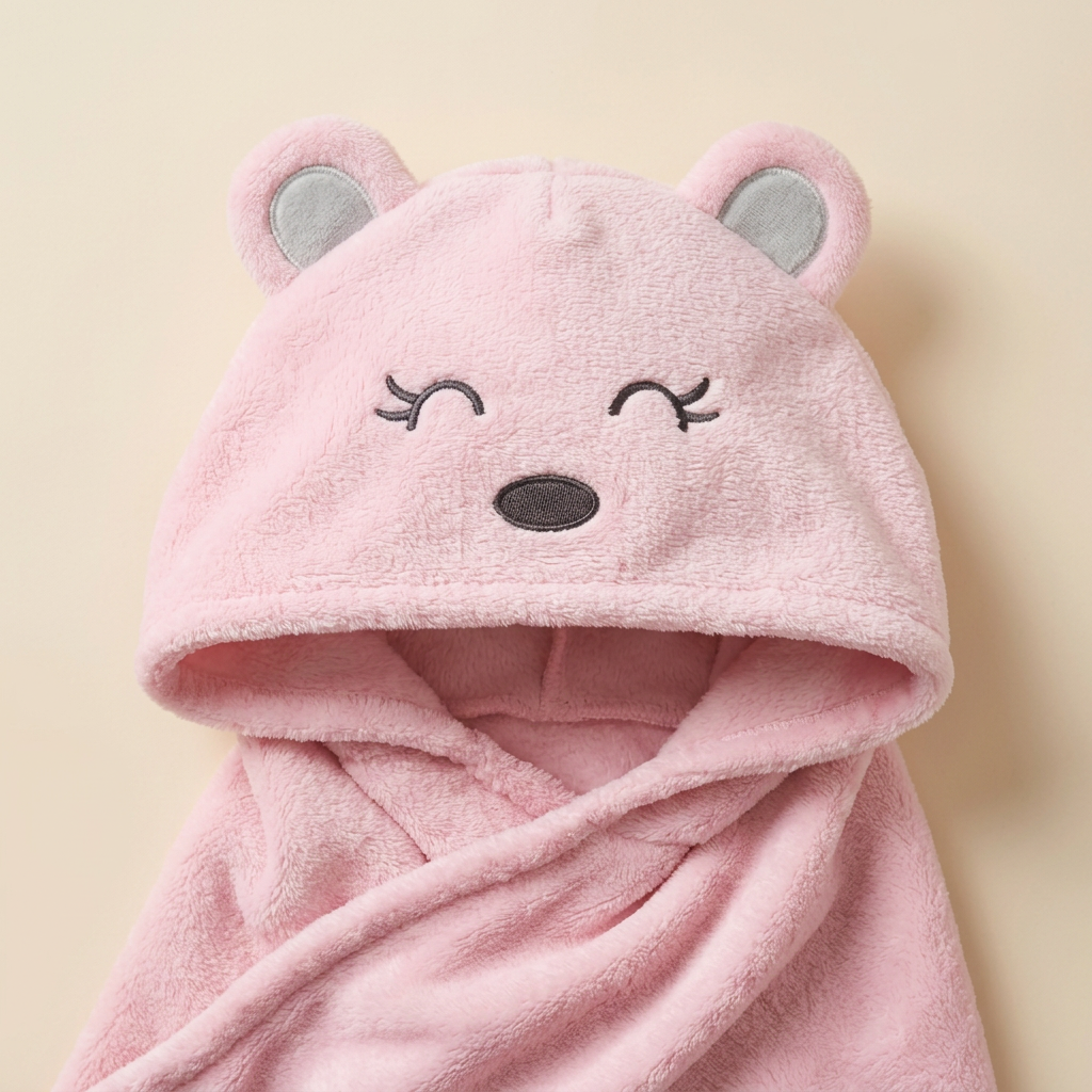 Close-up of pink flannel bath towel hood showing rounded ears, embroidered eyes and oval nose.