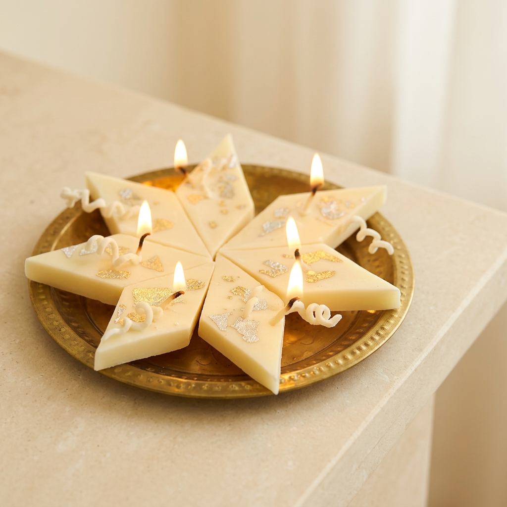 Six lit Kaju Katli shaped candles arranged on a brass tray in a cream festive setting