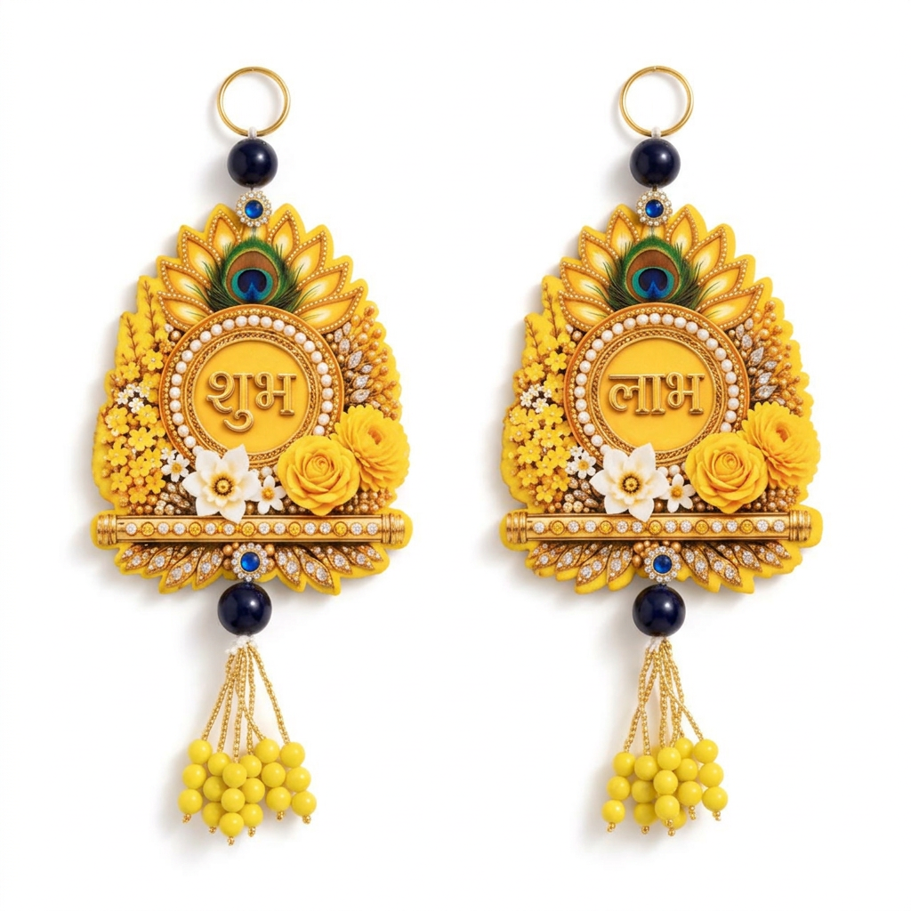 Yellow and gold Shubh Labh wall hanging pair with floral detailing, navy beads and yellow tassels on white