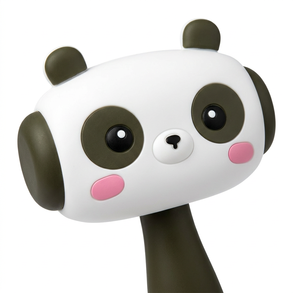Close-up of panda toy hammer with white face, dark eye patches and pink cheeks on a white background.