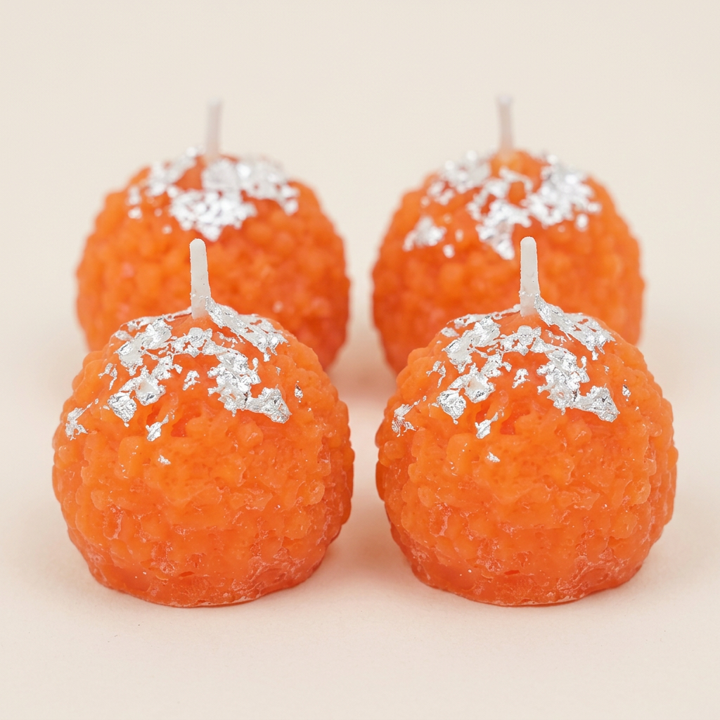 Close-up of four Moti Chur Laddu design candles showing orange textured wax and silver detailing