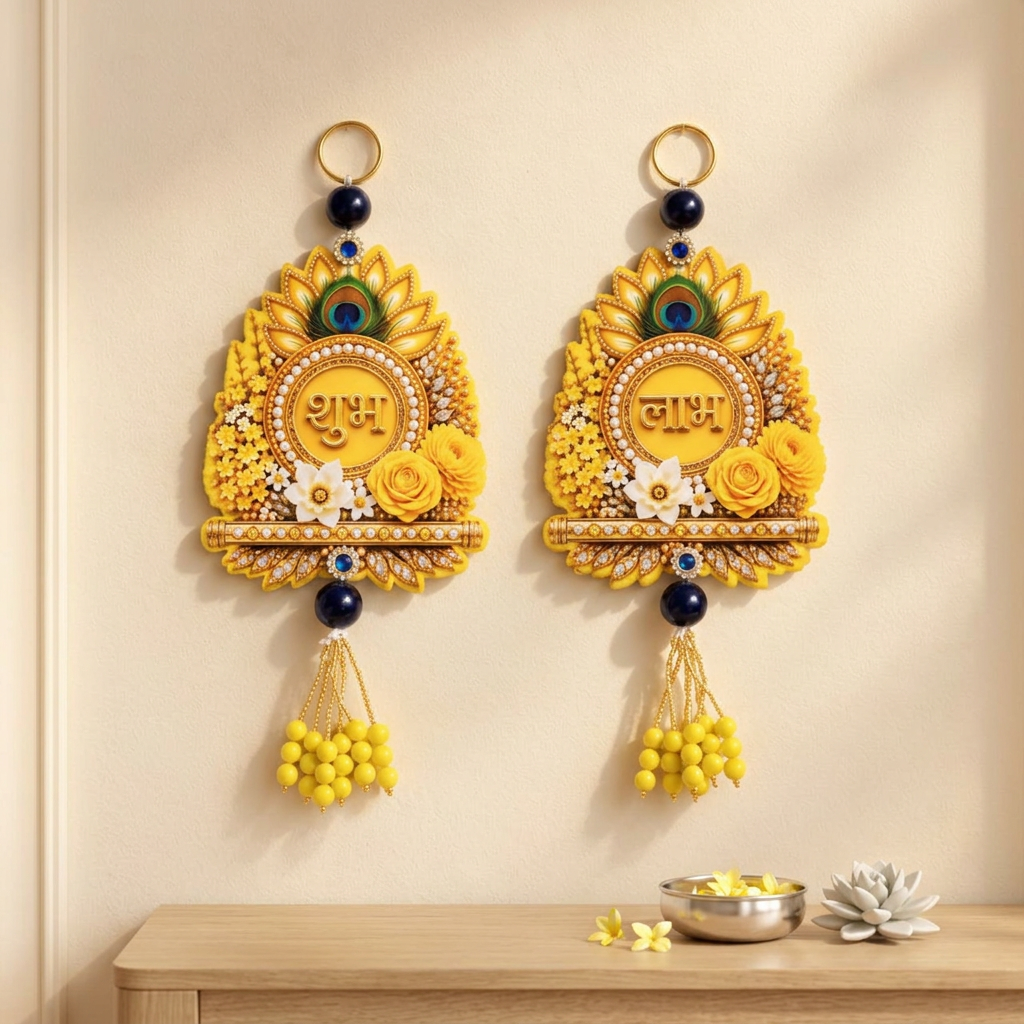 Shubh Labh decorative hanging pair displayed on a cream wall above a wooden console