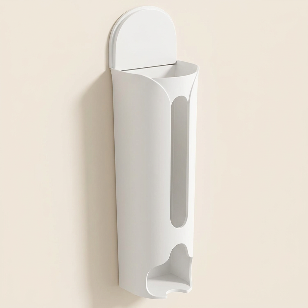 Detailed view of white bag organiser with top loading opening, front viewing slot and bottom retrieval cut-out