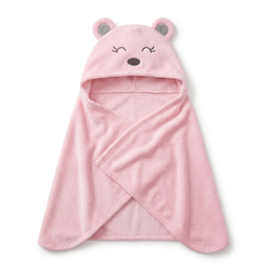 Pink hooded baby bath wrapper with animal-face embroidery and rounded ears on a white background.
