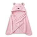 Pink hooded baby bath wrapper with animal-face embroidery and rounded ears on a white background.