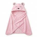 Pink hooded baby bath wrapper with animal-face embroidery and rounded ears on a white background.