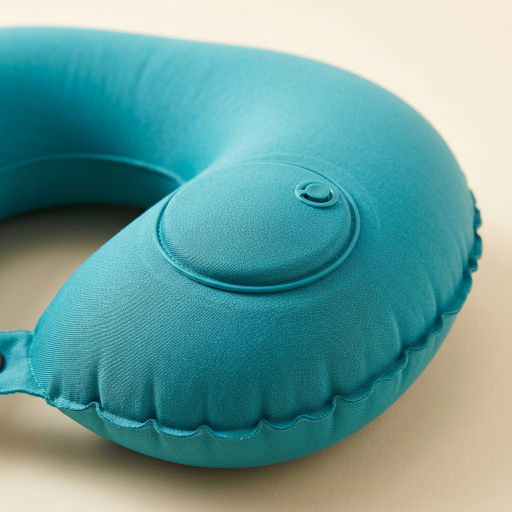 Close-up of teal travel pillow circular valve feature and scalloped perimeter seam.