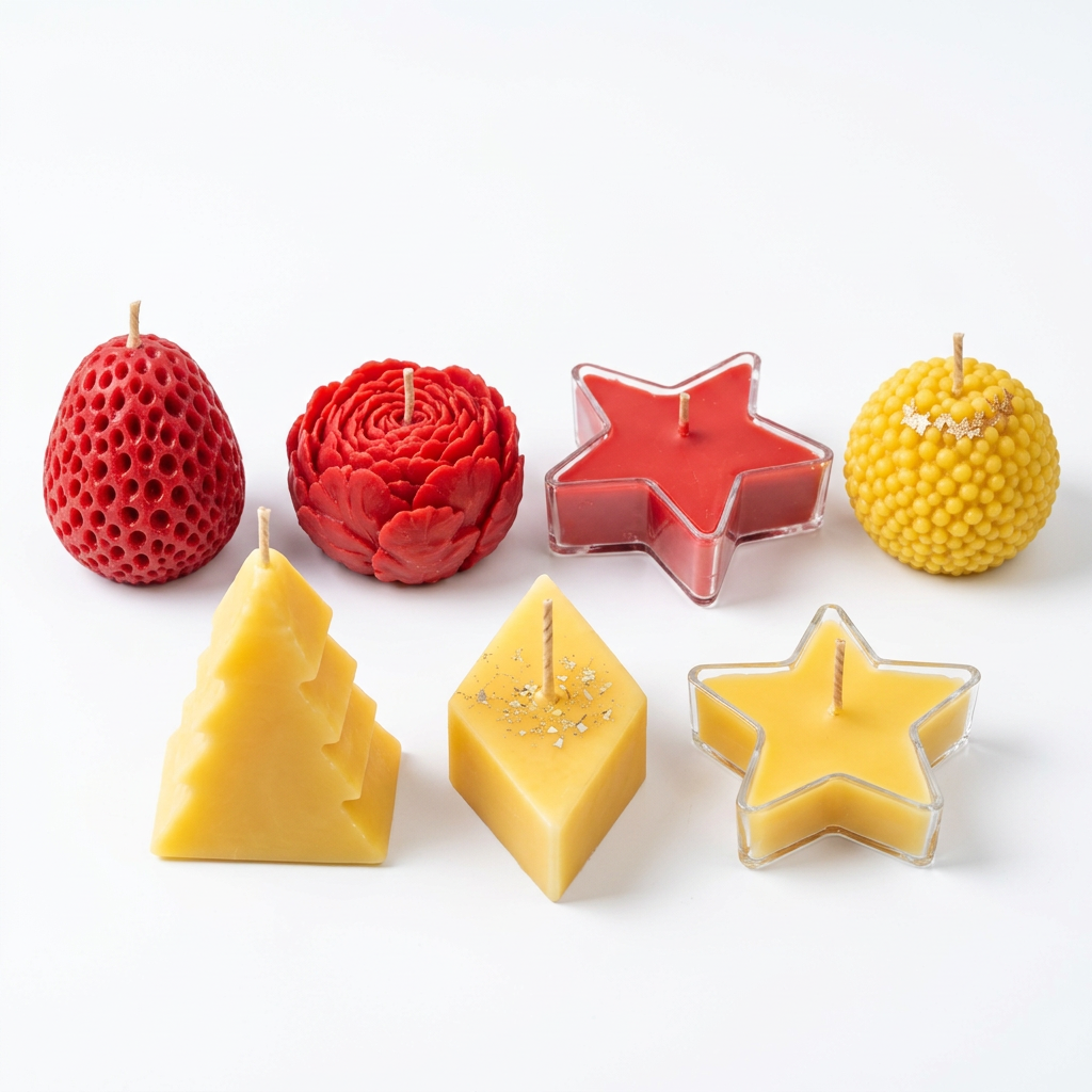 Seven-piece red and yellow decorative candle set with flower, star, textured oval, sphere, pyramid and diamond designs on a white background.